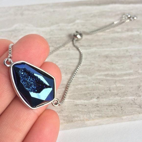 Blue druzy geode adjustable chain bracelet, Silver - Picture 5 of 7